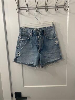 Agolde Distressed High-Rise Denim Shorts in Light Blue